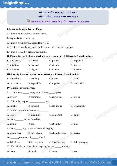 Đề thi giữa kì 2 Tiếng Anh 6 Friends Plus - Đề số 2